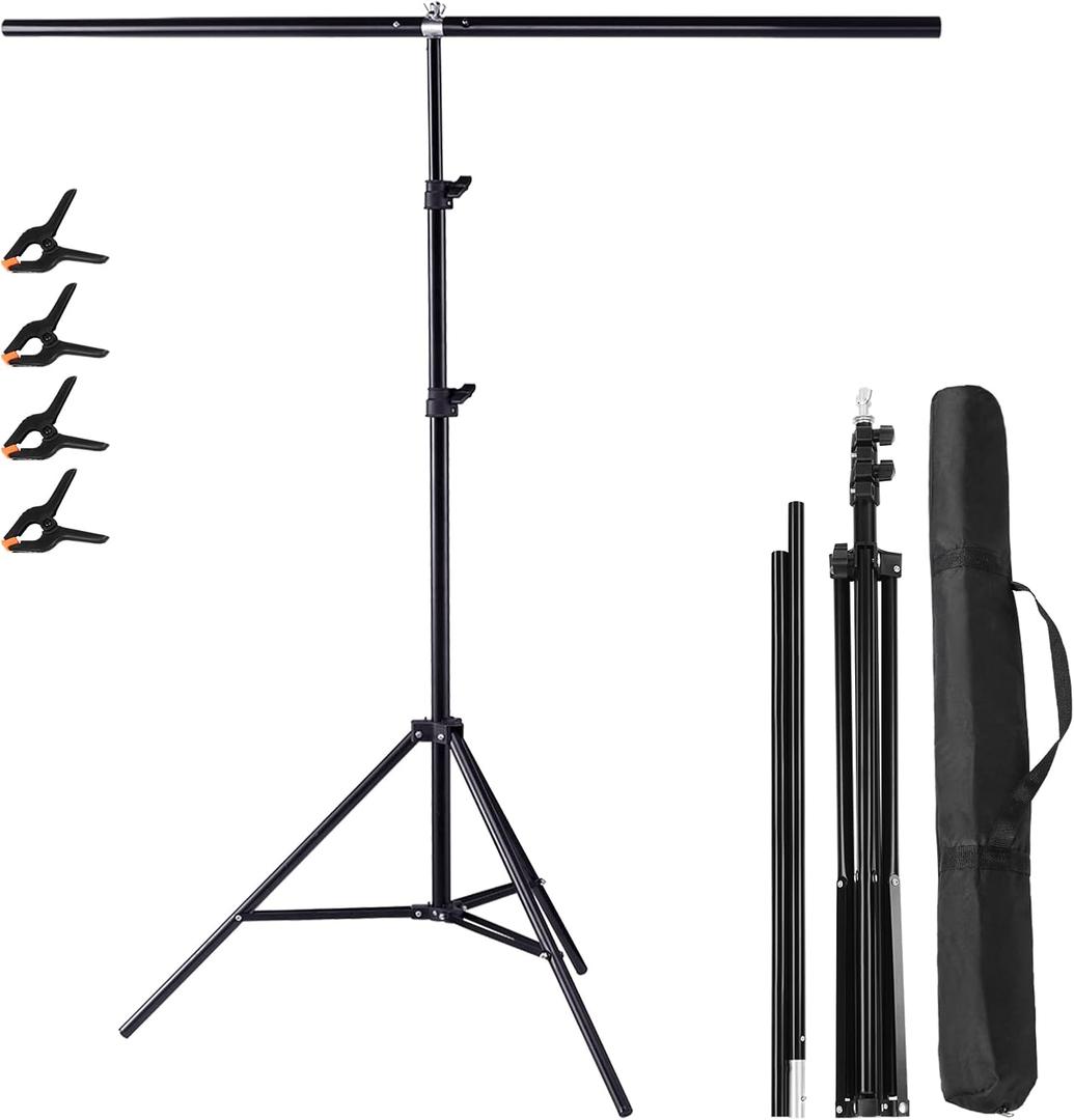 Meking 5x6.5ft Adjustable T-Shaped Backdrop Stand with Carry Bag and 4 Heavy Duty Clamps, Small Backdrop Holder Foldable T-Shape Background Support Stand