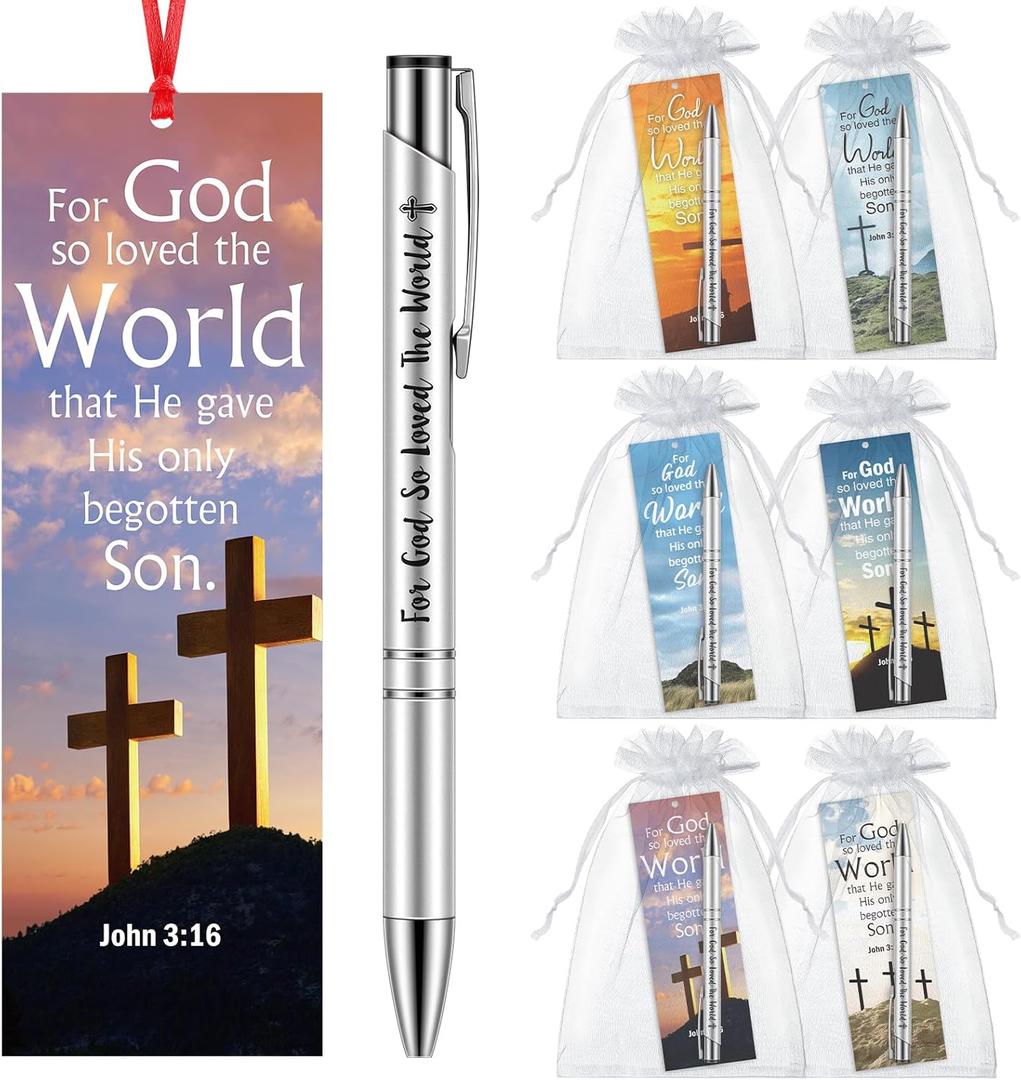 24 Pcs/ 12 Sets John 3: 16 Church Gifts Religious Christian Gifts Include 12 Bible Verse Pen, 12 Religious Cross Bookmark for Church Handouts Prizes Party Favors