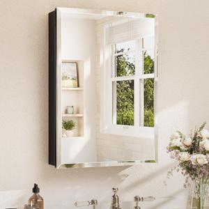 TETOTE 20 x 28 Bathroom Mirror with Storage with Tempered Beveled Mirror Black Medicine Cabinet Aluminum Cabinet DTC Hinges, Stepless Adjustable Shelves, Recessed/Surface-Mounted