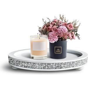 12 inch Round Wood Tray, Acrylic Diamond Decoration, Decorative Tray for Living Room, Coffee Table or Kitchen Table Service Tray, White