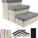 Foldable Dog Ramp for Small to large Pets, Non Slip Oxford Fabric Bottom, Mesh Storage Pocket & Belcro Base, Pet Stairs for High Beds, Cars, Couches & Stairs. PU Leather Cover with Printed Sides Grey.