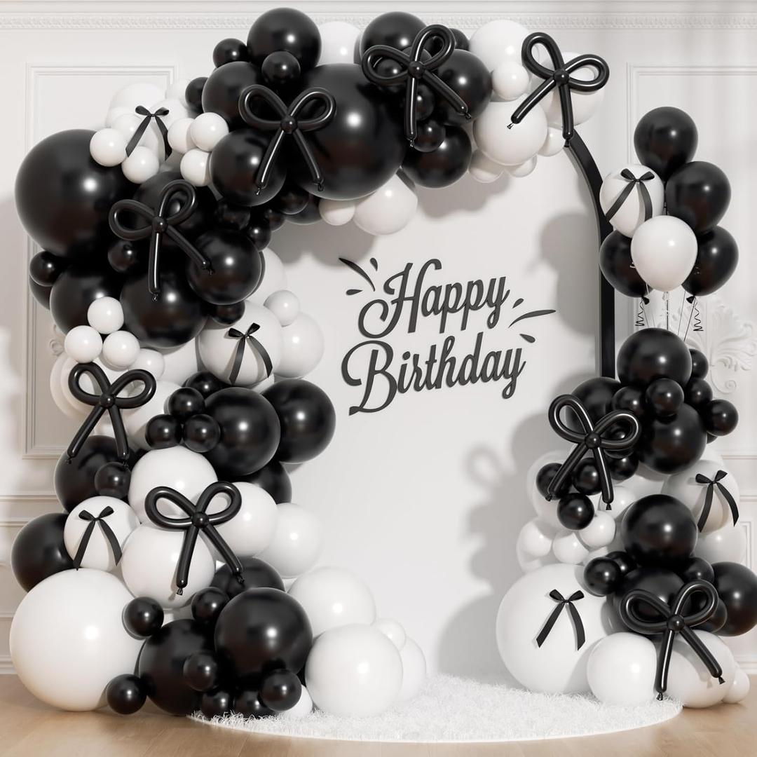 Black Bow Balloon Garland Arch Kit - 206Pcs Black and White Party Decorations Bow Black and White Balloon Arch Kit Different Size for Wedding Bridal Engagement Bachelorette Decorations 89