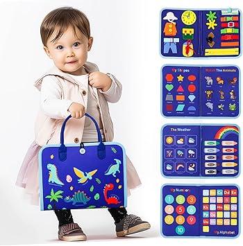 EVERGD Busy Board Montessori Educational Activity Sensory Board Preschool Learning Fine Motor Skills, Dinosaur Theme, Travel Toy for Plane Car