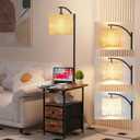 JACKYLED Floor Lamp with Table & 2 Drawers, 3 Color Temperature End Table Flood Lamps with Charging Station (USB, Type-C, AC), Vintage Side Table with Lamp for Reading, Bedroom, Living Room