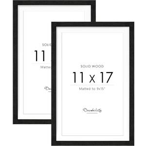 11x17 Solid Wood Poster Frame Set of 2, Natural Wood Picture Frame with White Paper Mat, Display 9x15 Picture with Mat or 11x17 without Mat, Wall Mounting Display, Black