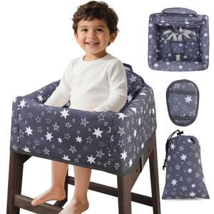 Baby High Chair Cover Restaurant with Strap Pads & 3-Point Harness, Machine Washable, Waterproof Portable Highchair Covers for Eating, Travel, Home Use - Fits Wooden Chairs, Grey Stars