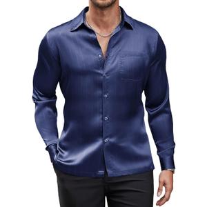 COOFANDY Men's Luxury Shiny Silk Like Satin Dress Shirt Long Sleeve Slim Fit Button Up Shirts (Navy Blue, X-Large)