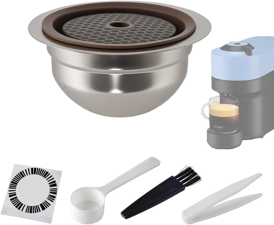 RTXANFYZ Stainless Steel Reusable Coffee Pods for Nespr*sso V-rtuo - Refillable Capsules Compatible with V-rtuoline GCA1 and ENV135 NEXT POP Series With 4 Barcode Stickers,Silicone Lid (230ML)