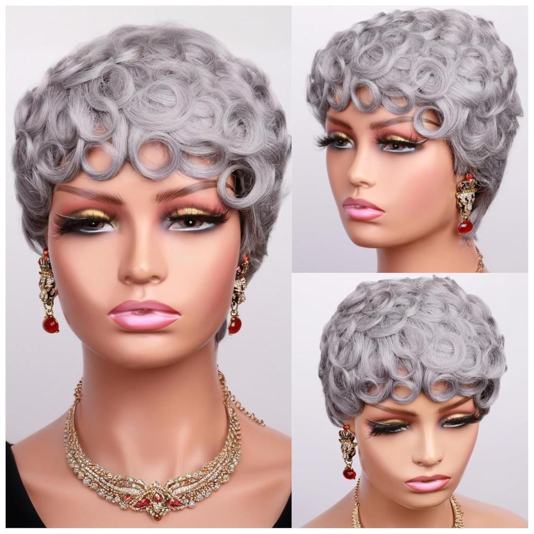Grey Short Curly Pixie Cut Wigs Remy Human Hair for Black Women, Silver Grey Deep Wave 100% Human Hair Pixie Wig Wear and Go Glueless Layered Curly Wavy Pixie Cut Edgy Old Lady Cosplay Wig With Bangs