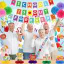 42 Pcs Happy Teacher Retirement Decorations Retirement Banner Backdrop Hanging Swirls Paper Pompoms Honeycomb Centerpieces School's out Decor for Retired Farewell Party Supplies