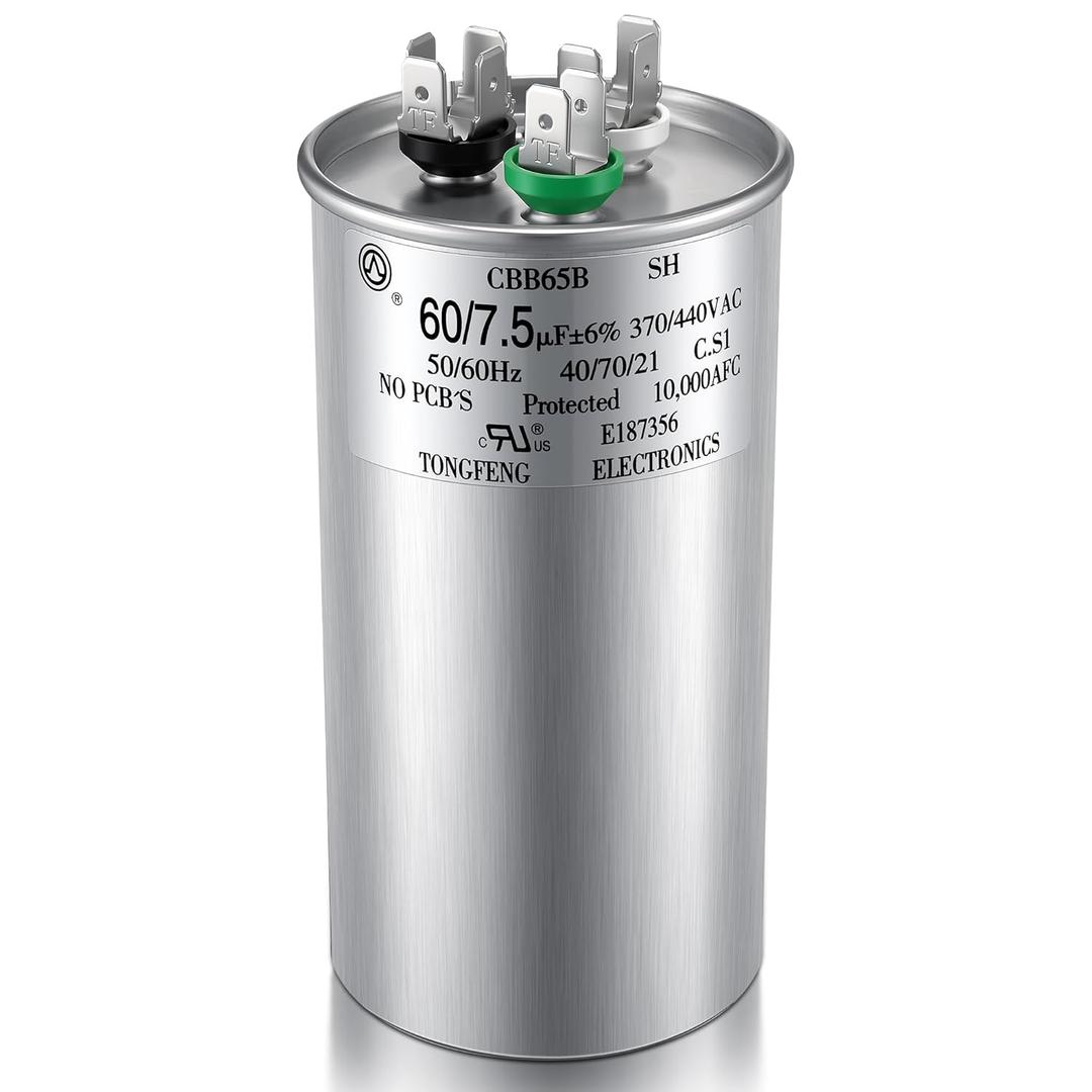 Dreyoo 60+7.5 uF 370/440V CBB65 Dual Run Round Capacitor for AC Motor, HVAC Capacitor, Air Conditioner Replacement, Heat Pump, Fan Start, Condenser Straight Cool, UL Listed