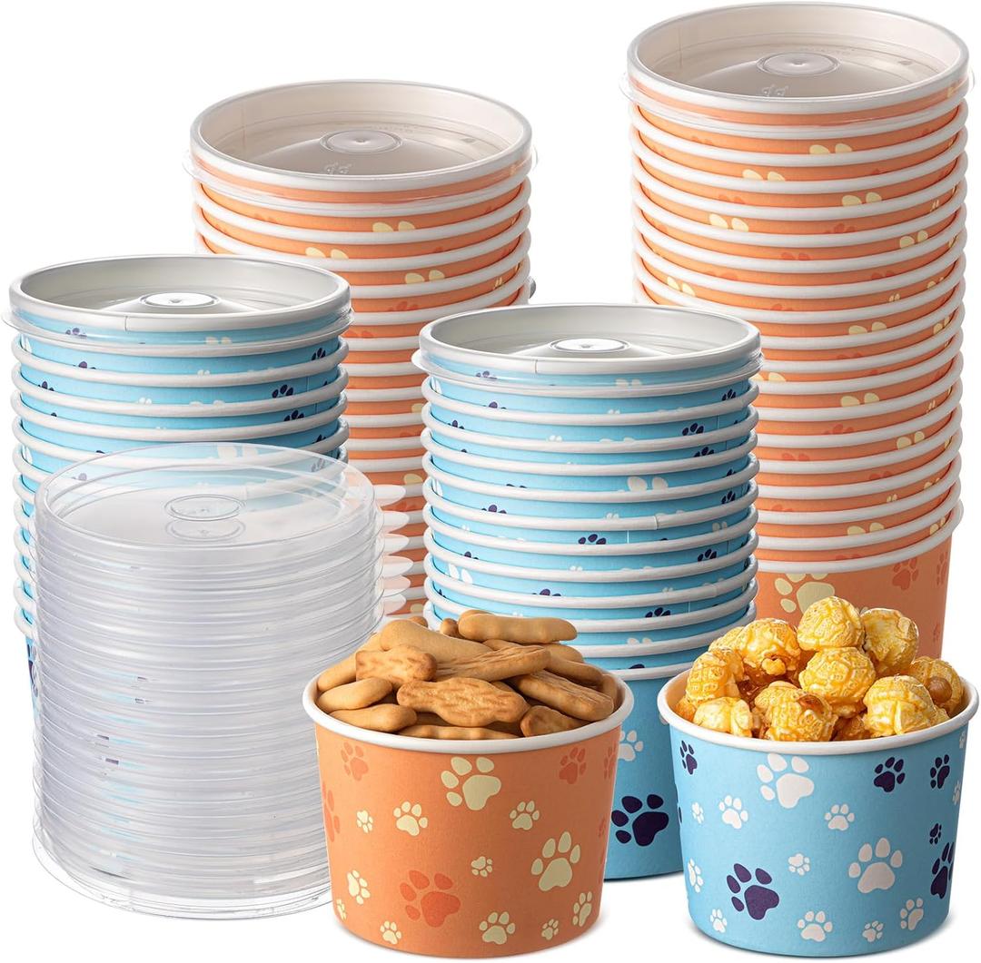 Qinyoung 24 Pcs 8 oz Paw Print Ice Cream Cups Bulk with Lids Pup Cups for Dogs Disposable Dog Bowls for Ice Cream Snack Dessert Food Drink Baby Shower Birthday Party Supplies(Blue and Orange Red)