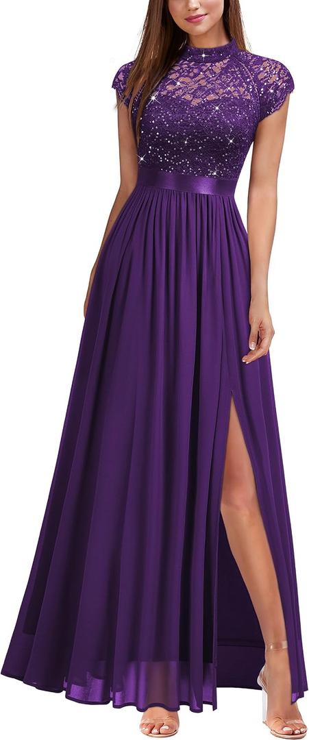 Miusol Women's Elegant Sequin Lace Contrast Chiffon Split Style Evening Party Maxi Dress (Purple, XL)