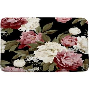 Black Floral Bath Mat Vintage Burgundy Red Pink Rose Flower White Peony Rustic Botanical Women Girl Bathroom Rug Room Decor Doormat