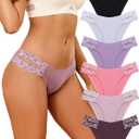 FINETOO Seamless Underwear for Women Cheeky Bikini Panties High Cut V-waist Lace Underwear Women Cute Bikinis 6 Pack, Medium 