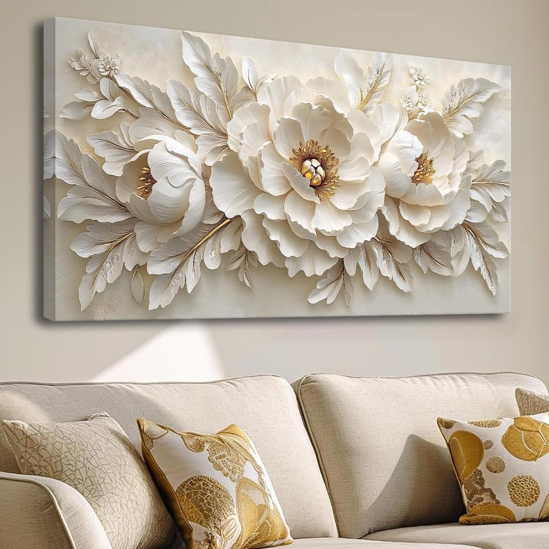 Large scale Flower canvas wall art Mural White Flower Abstract Decoration Painting Modern Nordic Plant Flower Poster Printing Living Room Dining Room Bedroom Office Corridor Home Decoration, 20x40 inches