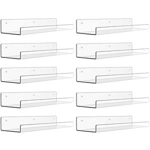 upsimples 10 Pack Acrylic Shelves Wall Organizer and Storage, 15" Display Shelf for Figure, Toy Cars, Perfume, Kids Bookshelf for Bedroom, Nursery, Craft Room, Clear