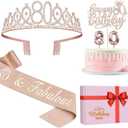 80th Birthday Decorations for Women, Including 80th Birthday Sash and Crown, Cake Topper and Candles, 80 Year Old Gifts for Women