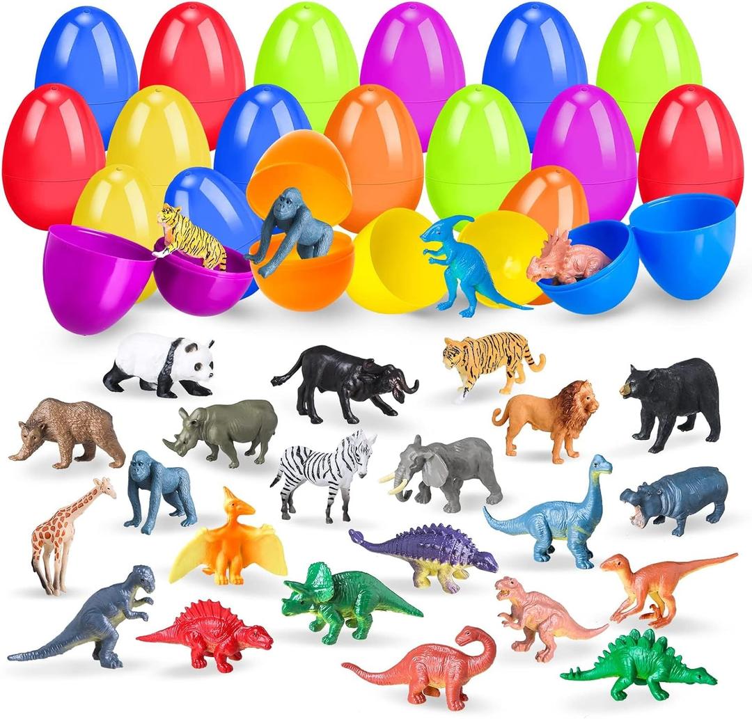 SpringFlower Easter Basket Stuffers, 24 Pack Prefilled Easter Eggs with Animal Dinosaur Figures for Easter Eggs Hunt, Easter Basket Essentials Fillers, Easter Party Favors Gifts for kids