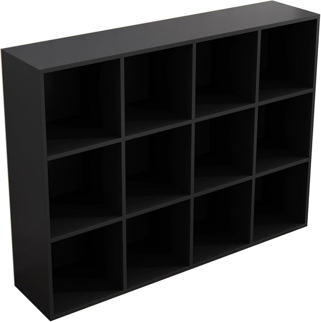 OSCHF 12-Cube Storage Shelf Bookcase - Wooden 3-Tier Floor Standing Open Bookshelf for Home and Office, Display Cabinet, Black
