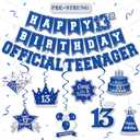 13th Birthday Decorations for Boys Girls Navy Blue, Pre-Strung Official Teenager Happy 13th Birthday Banner Backdrop Hanging Swirls, 13 Years Old Birthday Party Sign Decor Supplies Kit