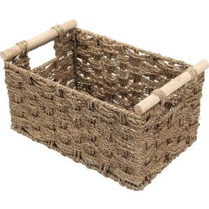 water grass Wicker Baskets for Storage,wicker storage basket,woven baskets for storage,Decorative Shelf Baskets for Pantry,Wooden Handles, Shelf Organizer (12.6 * 8.27 * 7)