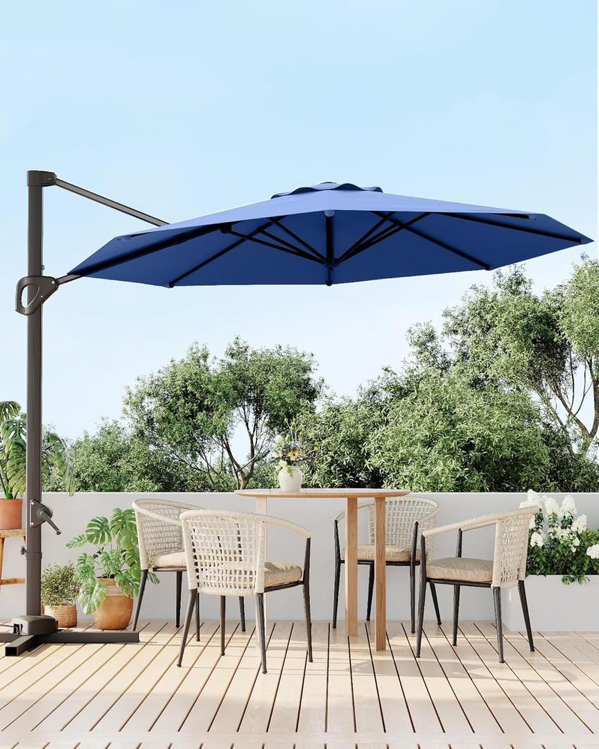 GarveeLife 10 ft Patio Umbrella Outdoor Large Cantilever Umbrella w/Base Included Market Sun Shade Windproof Offset Umbrella with 360-Degree Rotation for Garden Deck Pool Patio, Navy Blue