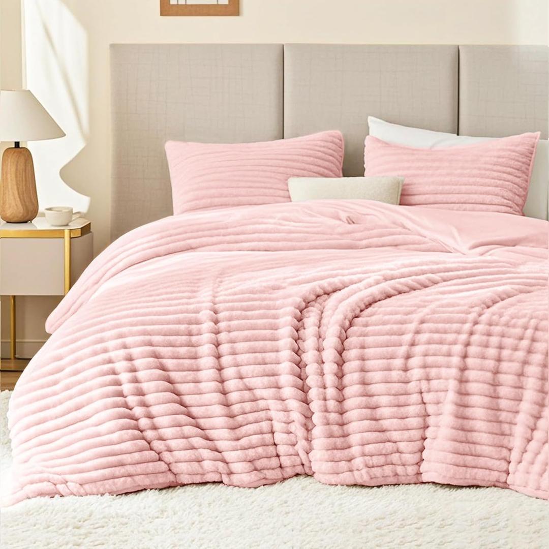 EXQ Home Fluffy Comforter Set Queen Size - Super Soft Faux Fur Stripe Jacquard Comforter 3 Pieces, Pink Fleece Bedding Set,Winter Warm Bed Set,1 Comforter with 2 Pillowcases