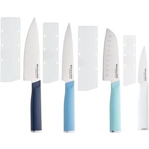 KitchenAid 4-Piece Chef Knife Set with Blade Covers, 6-Inch Chef Knife, 5-Inch Santoku, 5.5-Inch Serrated Utility, 3.5-Inch Paring High-Carbon Japanese Steel, Assorted Colors