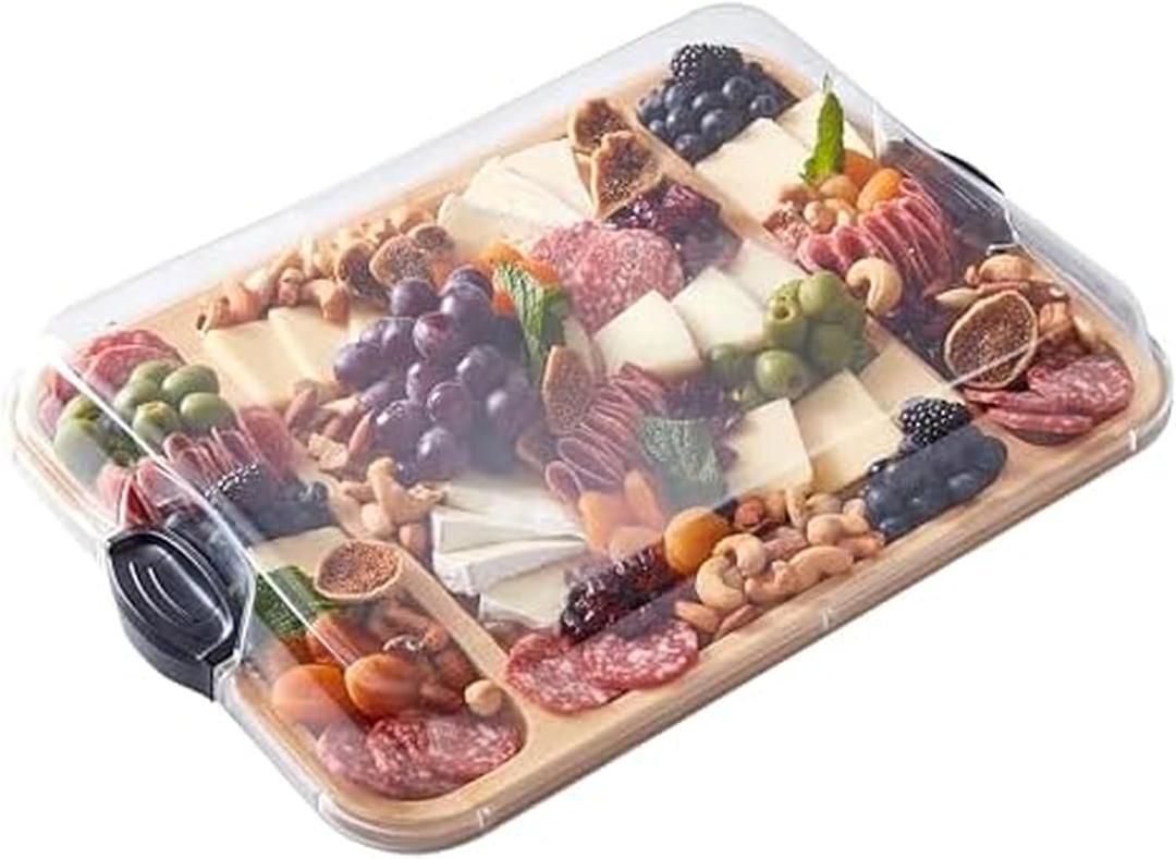 FARBERWARE Build-a-Board Cutting Board with Three Compartments and Clear Locking Lid for Charcuterie, Snacks, and More, Acacia