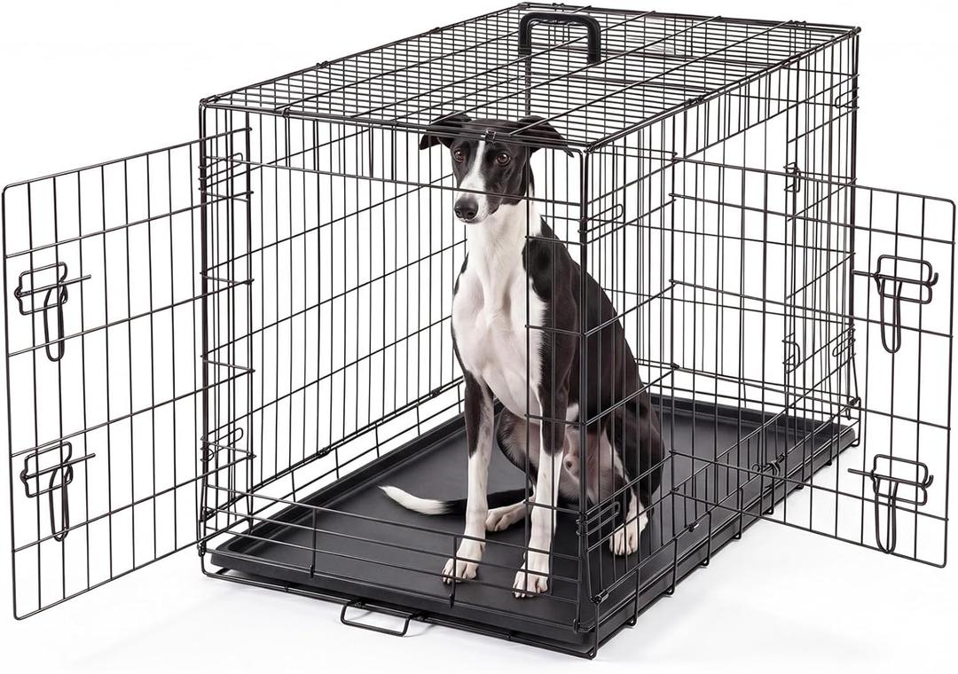 DUMOS Dog Crate, 36 Inch Medium Double Door Dog Cage with Plastic Leak-Proof Pan Tray, Folding Metal Wire Pet Kennel for Indoor, Outdoor, Travel, Black