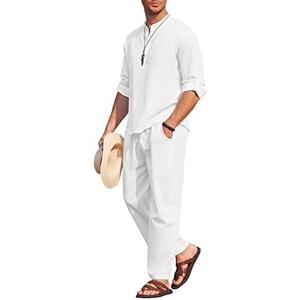 COOFANDY Men's 2 Pieces Cotton Linen Set Long Sleeve Henley Shirts Casual Beach Pants With Pockets Summer Yoga Outfits, XXL