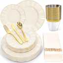 175 Piece Plastic Dinnerware Set Disposable Dinnerware Set for 25 Guests Include 50 Plastic Plates 25 Silverware Set 25 Cups and 25 Napkins for Mother's Day Party Wedding BirthdayWhite and Gold