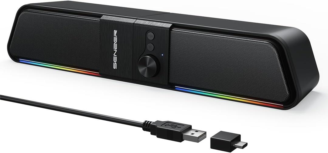 SENZER CS20 2 in 1 Bluetooth Computer Speakers for Desktop, USB Plug & Play Clear Sound PC Speakers with RGB Light, Monitor Sound Bar with Volume Knob, Gaming Speaker for PC Laptop Phone Tablet (Black)