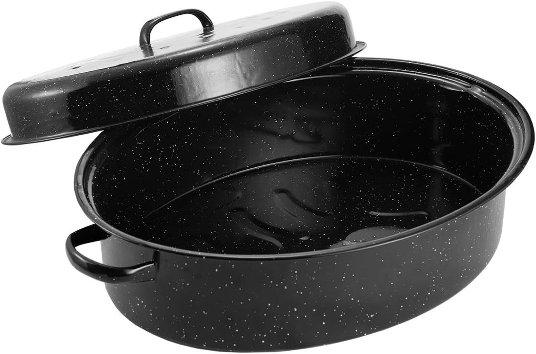 Granite Roaster Pan, 19 Enameled Roasting Pan with Domed Lid. Oval Turkey Roaster Pot, Broiler Pan Great for Turkey, Chicken, Lamb, Vegetable. Dishwasher Safe Cookware Fit for 20Lb Turkey by Kendane