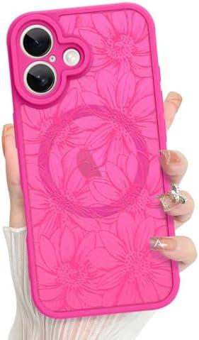 MZELQ for iPhone 16 Plus Case Sunflower Floral Flowers Matte Cute Pattern Magnetic [Compatible wth Magsafe] Fit Plus Case -Hot Pink