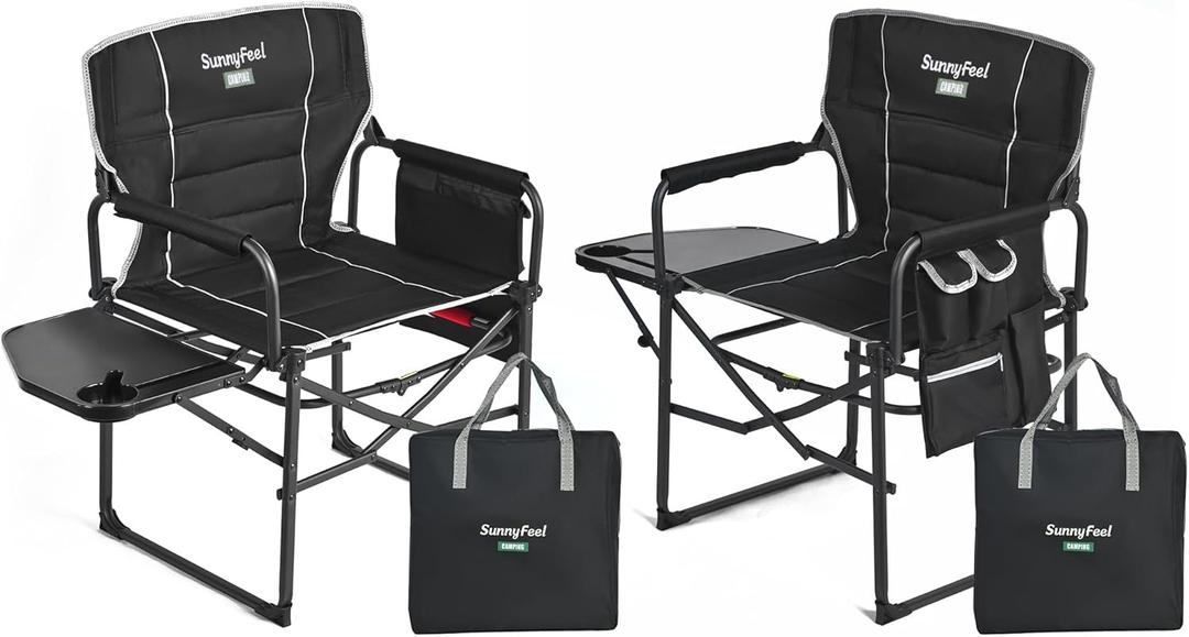 SUNNYFEEL Oversized Camping Directors Chair 2 Pack, Portable Folding Lawn Chairs for Adults Heavy Duty with Side Table,Pocket for Beach, Fishing,Picnic,Concert Outdoor, Foldable Camp Chairs (2 PCS, Black Padded)