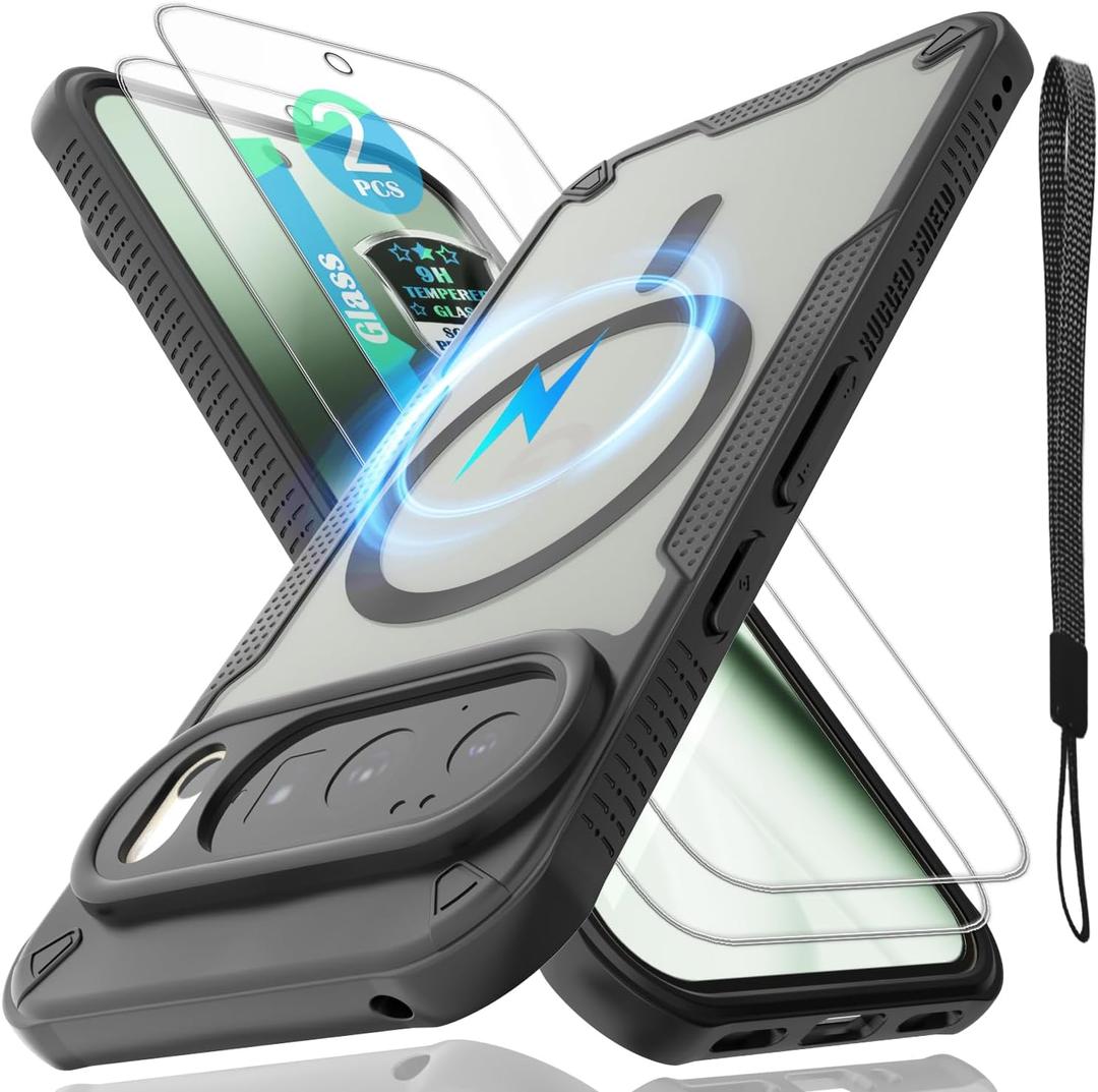 for Google Pixel 10 Pro Case with Magsafe Magnetic Slim Shockproof Protective Case,Translucent Matte Back with Lanyard Strap and 2 * 9H Tempered Glass Screen Protector Phone Cover 6.3-inch-Black