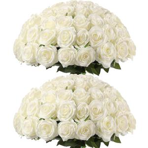Kisflower 60 Pcs White Roses Artificial Flowers Bulk, Silk Roses with Stem Realistic White Artificial Roses for Decoration DIY Wedding Bouquet Bridal Shower Party Home Table Centerpieces Decor (White)