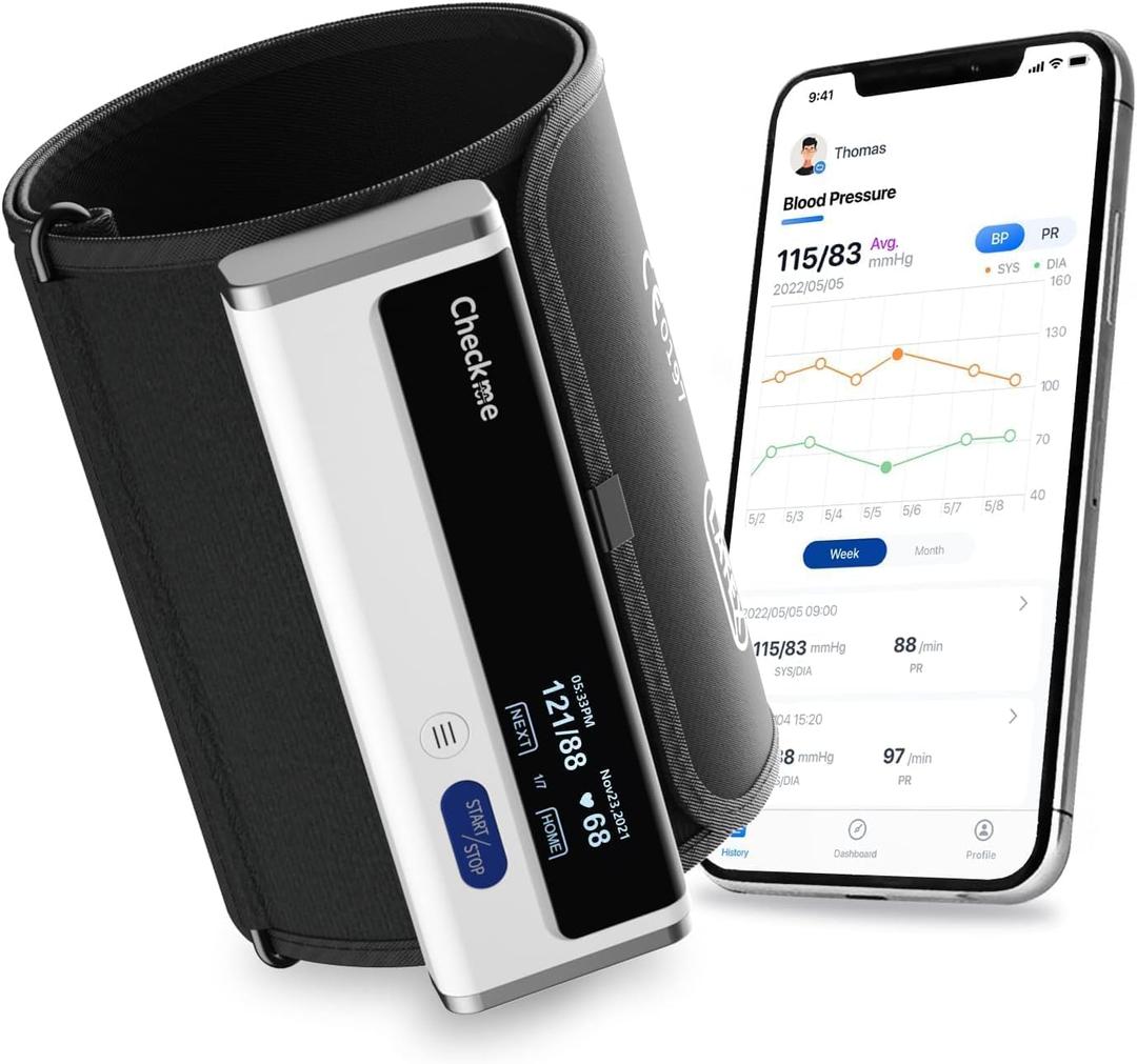 Checkme BP2A Blood Pressure Monitor for Home Use Upper Arm - Bluetooth BP Machine Cuff, Accurate Digital Readings in 30 Seconds, Unlimited Data Stored in App for iOS & Android (White)