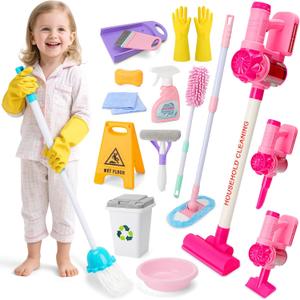 deAO Kids Cleaning Toy Set Toddler Broom and Cleaning Set 16 Pcs Kids' Toy Vacuum Cleaner Pretend Play Children House Cleaning Toys Birthday Gift for Girls and Boys