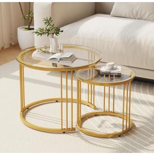 Garden 4 you Nesting Coffee Table, 23.6" Round Coffee Table Set of 2, Glass Nesting Table with Metal Frame, Ceter Tables for Living Room Bedroom Balcony, Gold, 23.6 inches x 23.6 inches x 19.7 inches