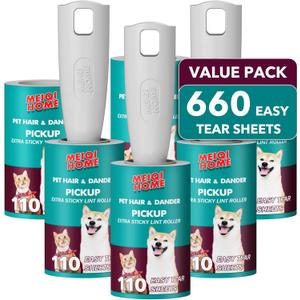 MEIQIHOME Lint Rollers for Pet Hair Extra Sticky, 660 Sheets Value Set Lint Roller with 3 Upgraded Handles, 6 Rollers Portable Pet Lint Remover for Clothes, Furniture, Carpet, Dog & Cat Hair Removal