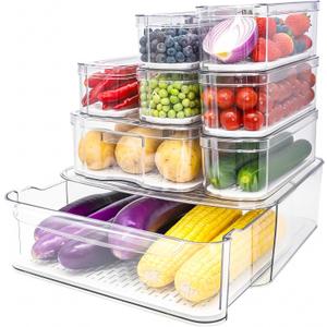 SMRCAD Fridge Organizers and Storage, 8 Pack Clear Freezer Organizer Bins with Lids for Kitchen, Pantry, Refrigerator, Food, Fruit, Vegetable Storage (8 Bins (Include Pull-out Drawer))