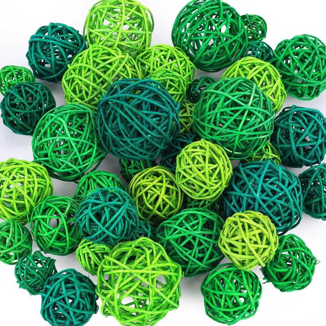 FUTUREPLUSX 42PCS Wicker Rattan Balls, Green Decorative Balls Orbs Vase Fillers Bowl Fillers for Spring St. Patrick's Day Home Decor DIY Crafts