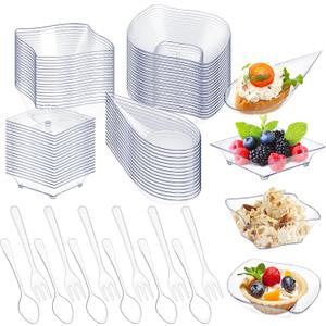 Tessco 200 Pcs Mini Appetizer Plates with Spoons Forks Disposable Mini Dessert Plates Plastic Appetizer Bowls Tiny Individual Serving Trays for Party(Clear,Classic)