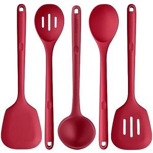 Silicone Kitchen Cooking Utensil Set: U-Taste High Heat Resistant 13.6in Long Kitchen Gadgets, BPA Free Non Stick Rubber Cook Accessories For Stir Frying, Serving, Basting, Mixing (5 Pieces, Red)