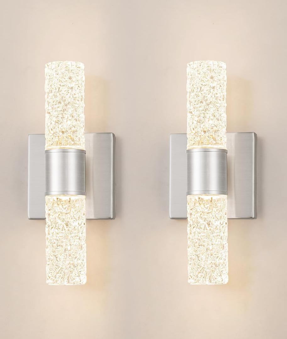 Brushed Nickel Wall Sconces Set of 2, LED Bathroom Vanity Light Fixtures, Hardwired Crystal Sconces Wall Lighting Over Mirror, LED Wall Mount Lights for Bedroom Hallway Indoor, 10W