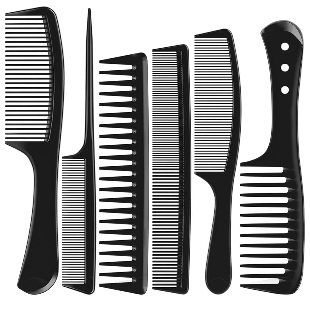 6 PCS Hair Comb Set Black, Durable Wide and Fine Tooth Rat Tail Hair Barber Comb for Women & Man, Professional Combs for Wet Curly Natural Hair Detangling Parting Teasing Styling & Cutting