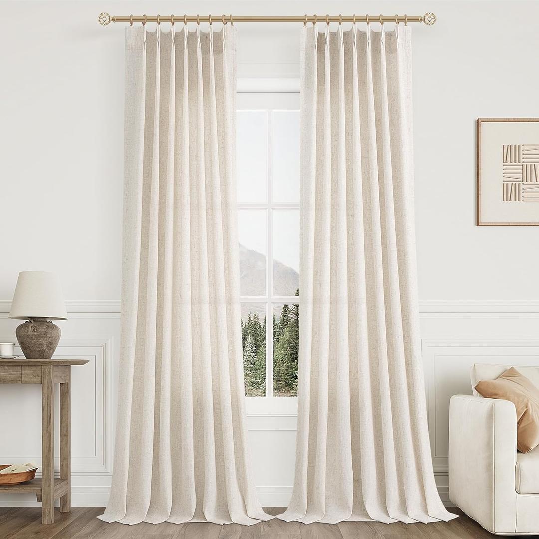 Aersas Natural Cream Pleated Linen Curtains 94 Inches Long for Living Room Bedroom Pinch Pleat with Hooks Back Tab Light Filter Boho Farmhouse Custom Semi Sheer 94 Inch Curtain for Sliding Door